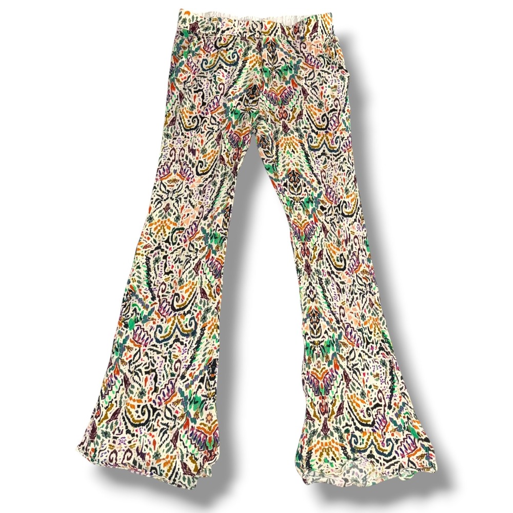Zara Women XS Multicolor Paisley Gold Metallic Flare Wide Leg Boho Flowy Pants